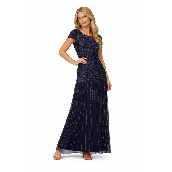 Adrianna Papell Women's Beaded Short-Sleeve Sheer-Overlay Gown Dress Size 8
